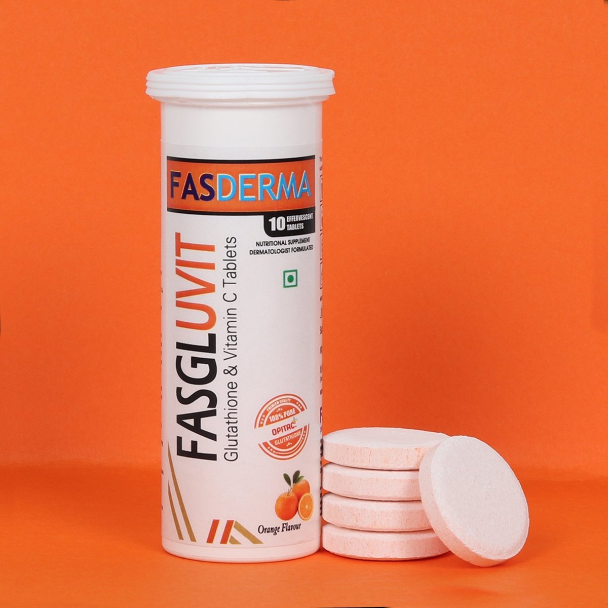 FasGLuvit ( OPITAC ) - Glutathione & Vitamin C Tablets - Effervescent Tablets - Skin Glow - 10 Tablets - Orange Flavour - Fasderma India